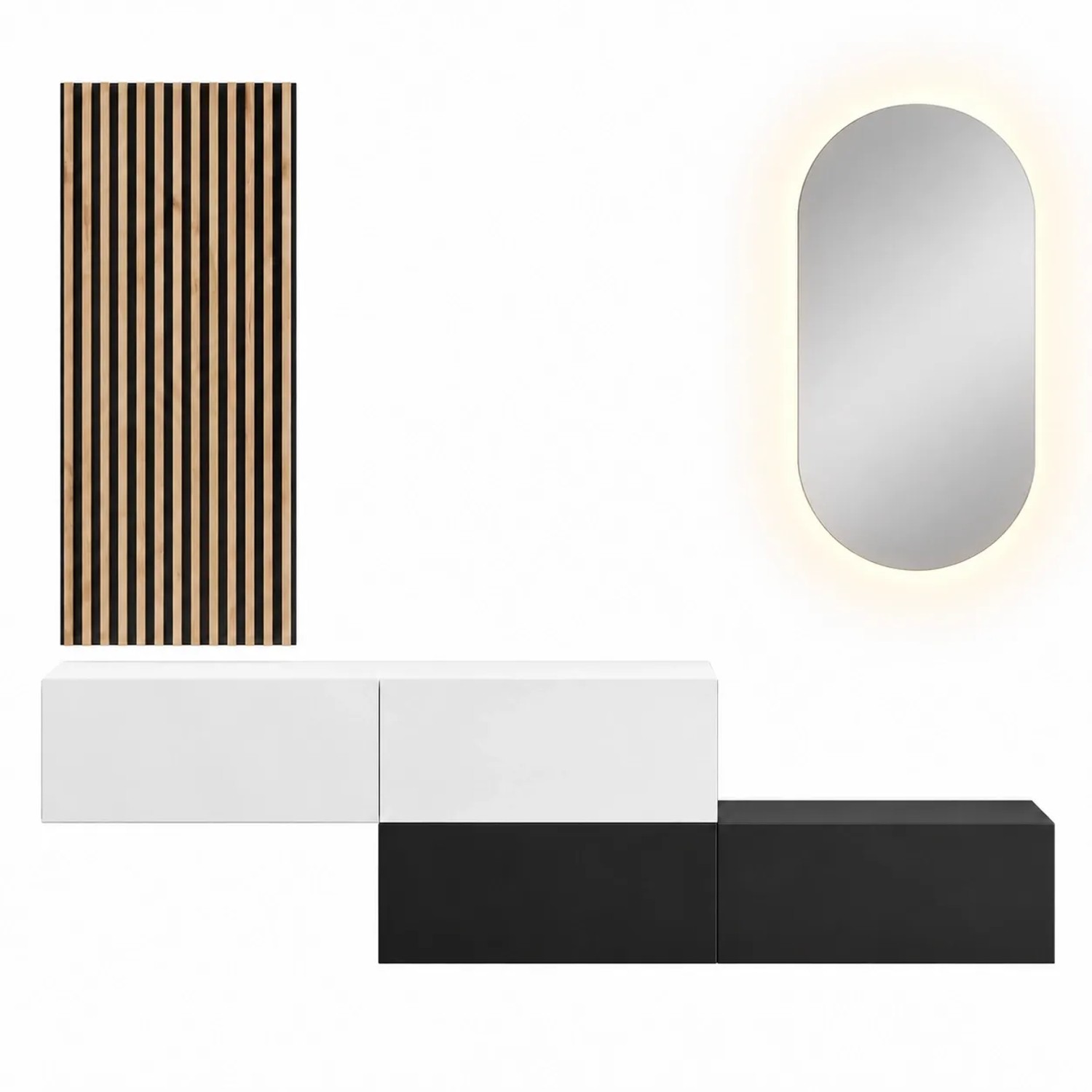 Planetmöbel Flurgarderobe Set 2 x 160 cm Schwarz Weiß mit Wandpaneel und LED Spiegel Dimmbar
