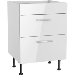 Weißer Optifit Unterschrank Rurik986 für Kochfeld, 60 cm breit, mit zwei Auszügen und Edelstahlgriffen.