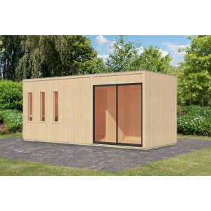 Karibu Saunahaus Huelva, naturbelassen mit Schiebetür und drei Fenstern.