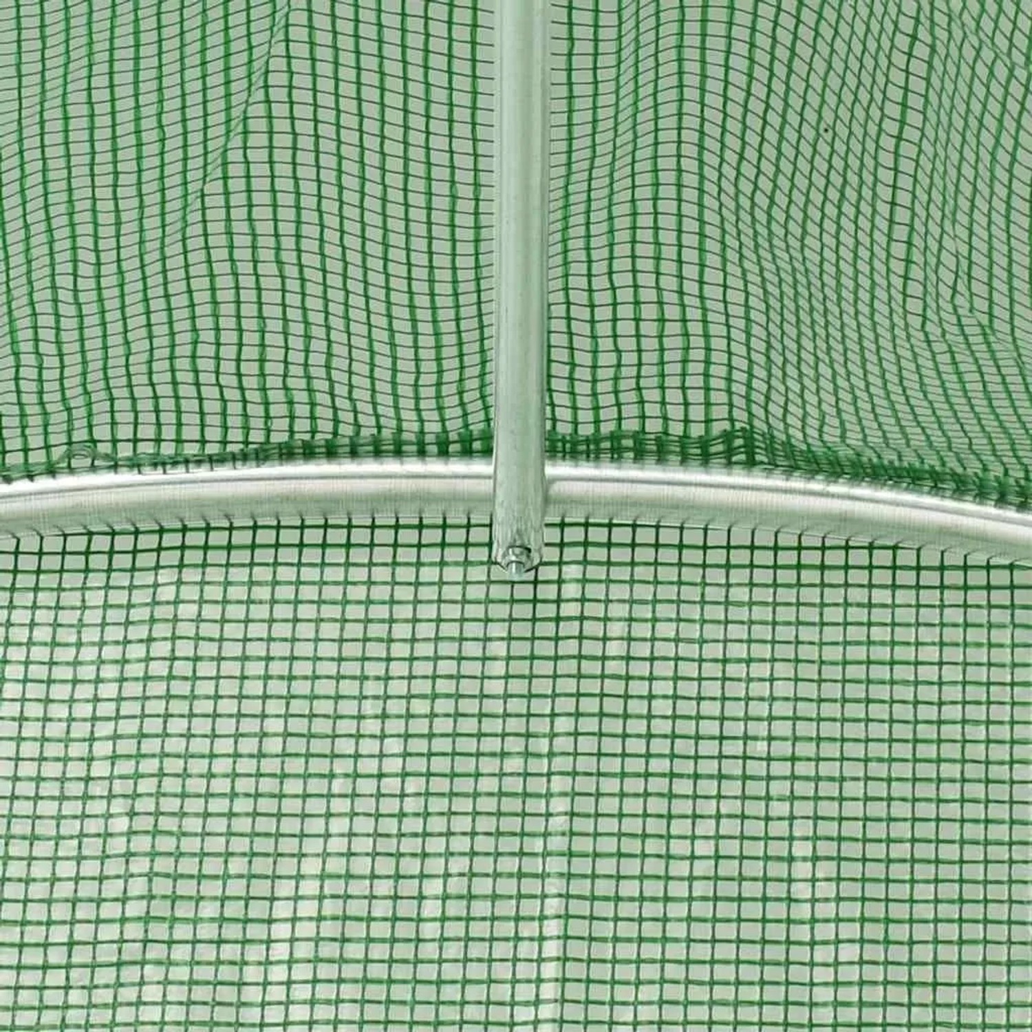 Detailaufnahme des grünen vidaXL Gewächshaus-Netzes und Stahlrahmens.