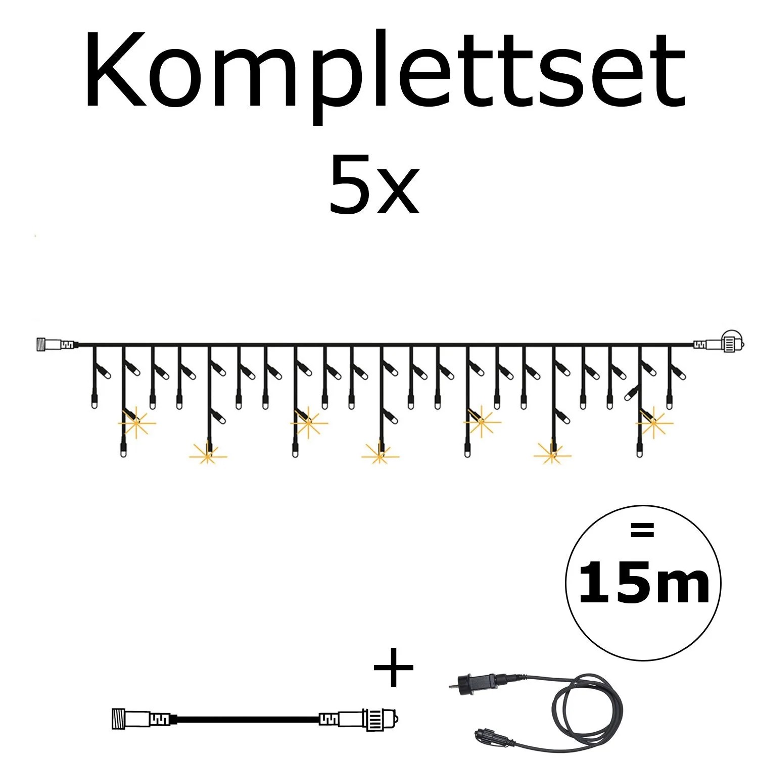 SYSTEM 24 LED Lichtervorhang Eisregen Komplettset, 15m, mit funkelnden LEDs und Trafo für Außen.