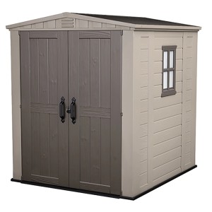 Keter Kunststoff-Gartenhaus 3,39 m² mit Doppeltür und Fenster, beige/braun.