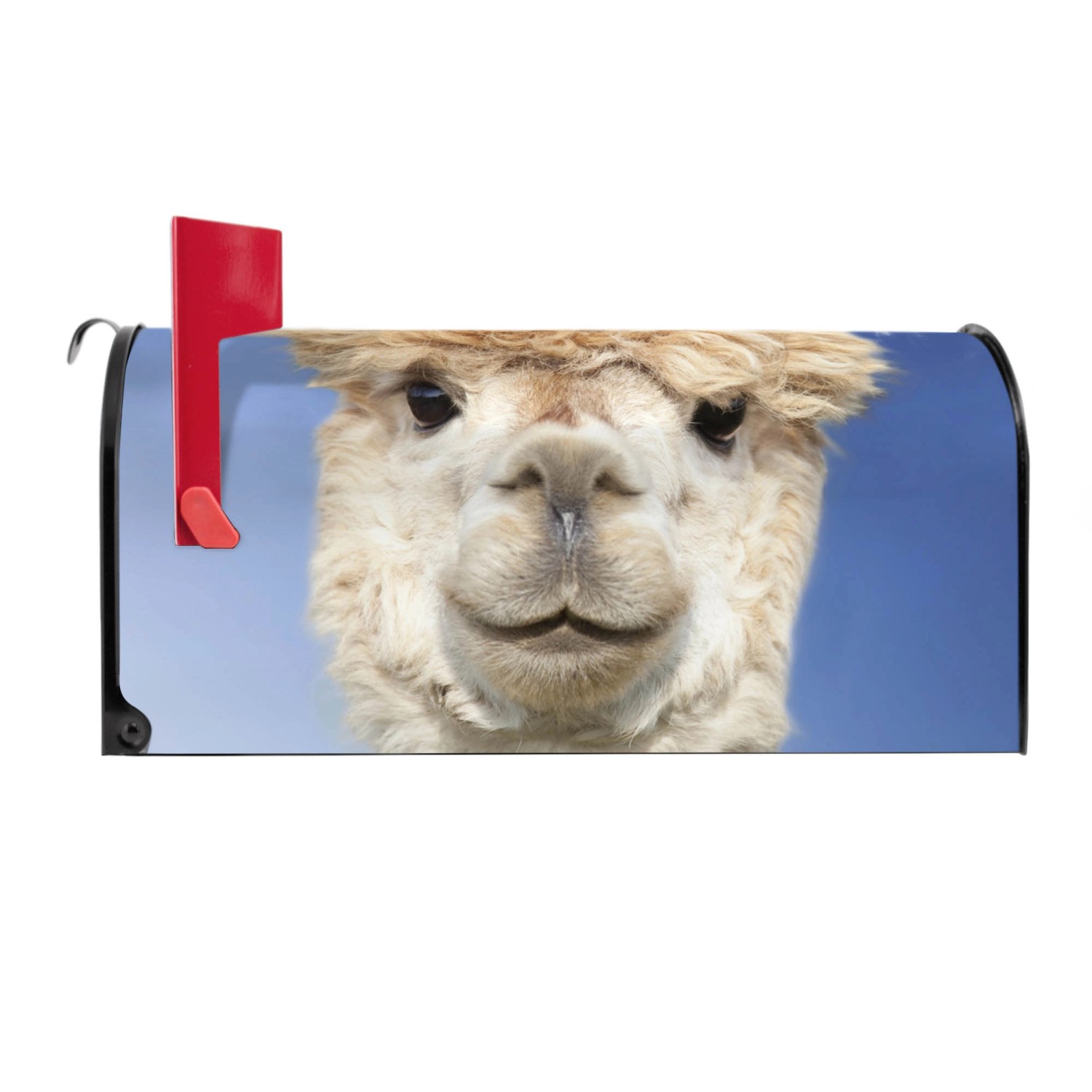Schwarzer US Briefkasten mit Lama Motiv, rote Fahne signalisiert Post.