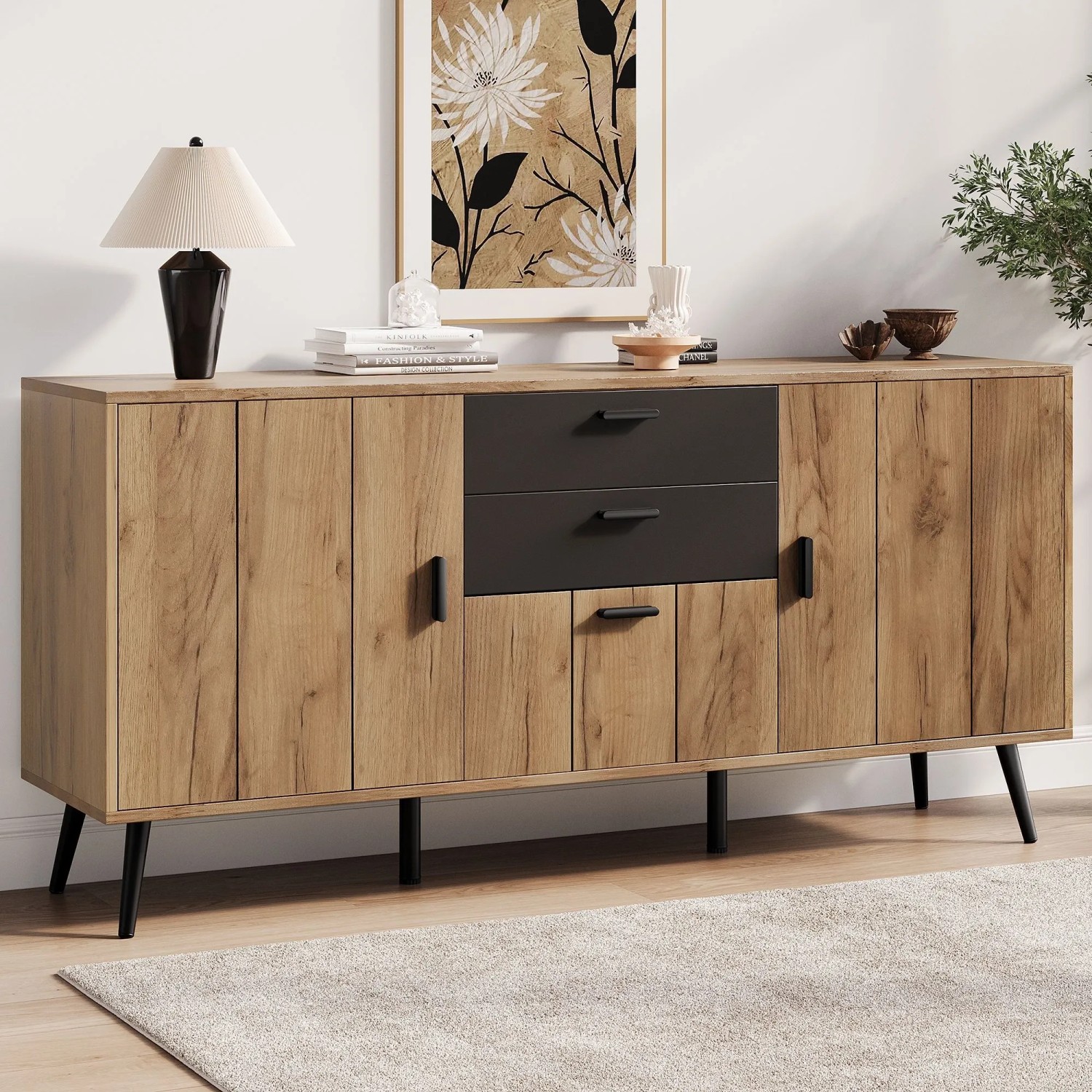 Merax Sideboard 140 cm in Holzoptik mit 3 Türen und 2 schwarzen Schubladen. Moderner Wohnzimmerschrank mit Stauraum.