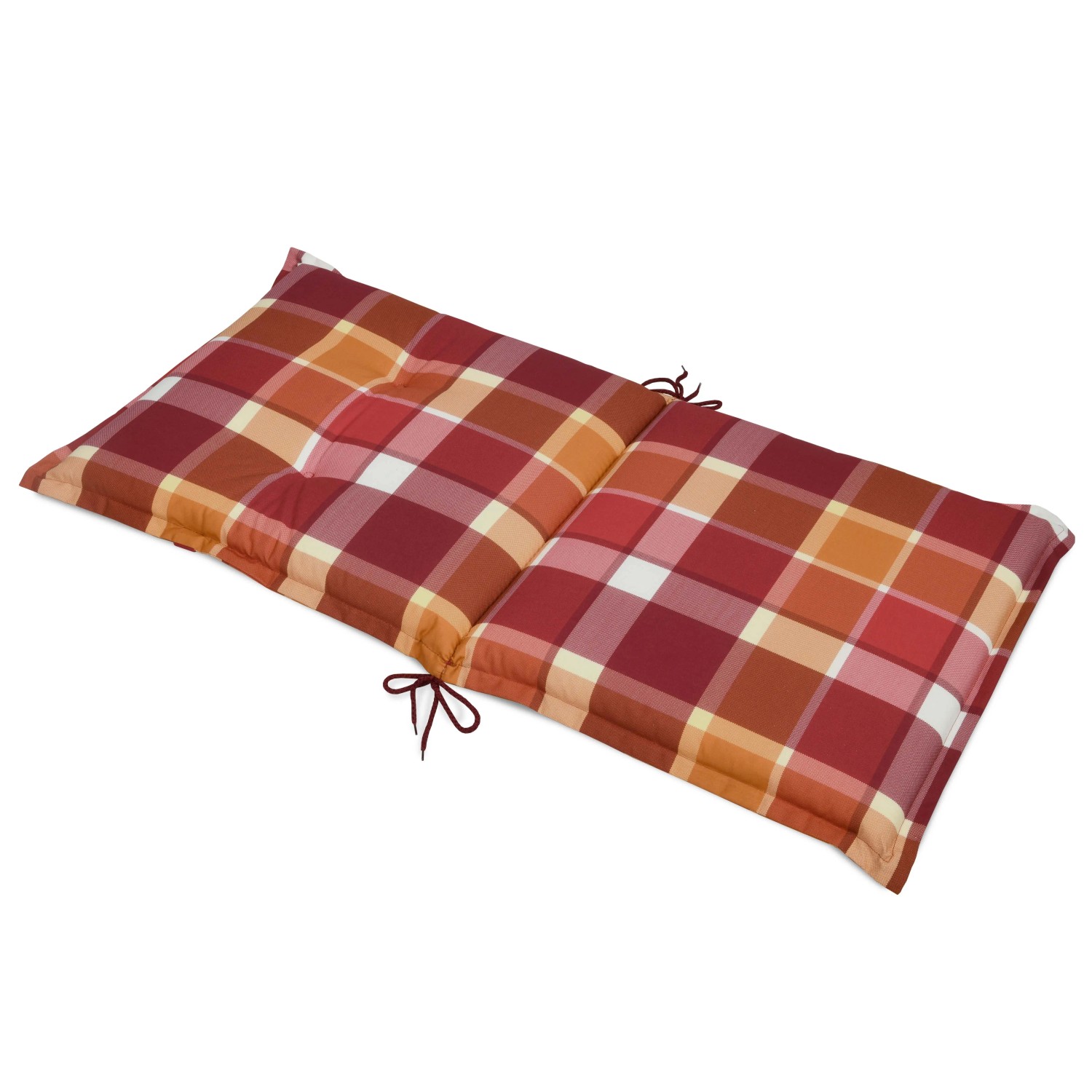 Beautissu Niederlehner Auflage Sunny RO, 100x50cm, rot kariert, mit Befestigungsschnüren für Gartenstühle.