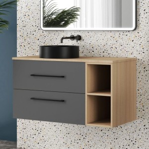 AICA Waschtisch mit Unterschrank 100 cm Kross Badmöbel Set Aufsatzbecken mit Unterschrank Grau Eiche Matt Softclose Schubladen mit Staufach