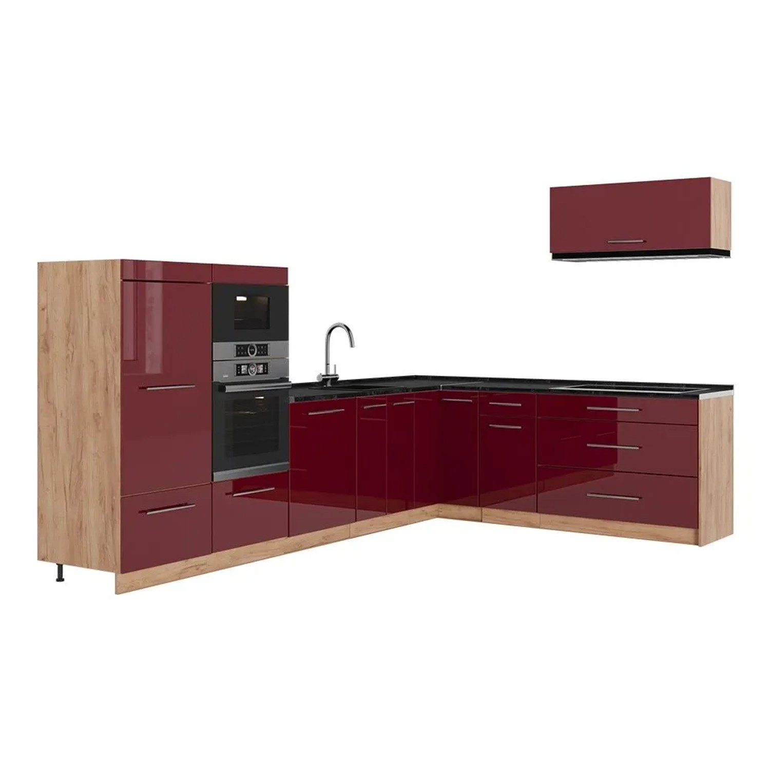 Vicco Eckküche Fame-Line Bordeaux Hochglanz/Goldkraft Eiche 327 x 154 ohne Arbeitsplatte Art Nr 64403