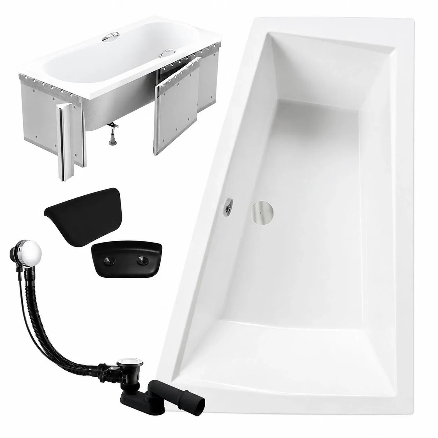 KOLMAN Eckbadewanne Rechts 170 x 125 cm mit Styroporverkleidung mit Kopfstütze KODI inkl. Ablauf und Füße