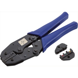 LUX Crimpzange für Aderendhülsen und Kabelschuhe mit blauen Griffen und auswechselbaren Backen.