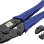 LUX Crimpzange für Aderendhülsen und Kabelschuhe mit blauen Griffen und auswechselbaren Backen.