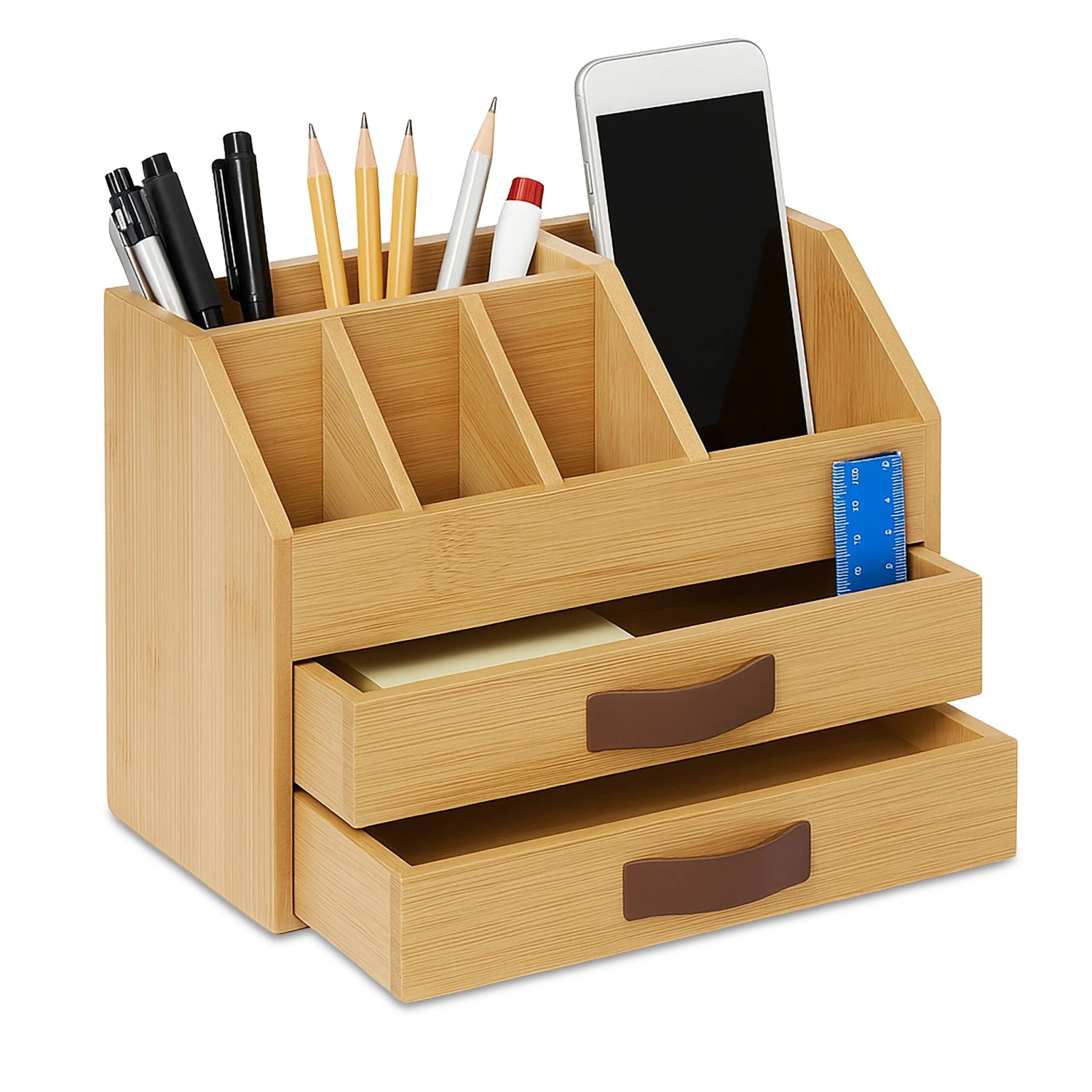 Relaxdays Schreibtisch Organizer Bambus mit 2 Schubladen und 5 Fächern 19 cm x 24 cm x 14 cm 1,4 kg