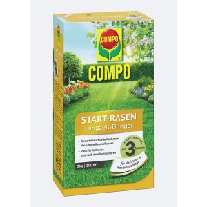 Compo Start-Rasen Langzeit-Dünger, 3 kg Packung für schnelleres Anwachsen junger Rasenpflanzen.