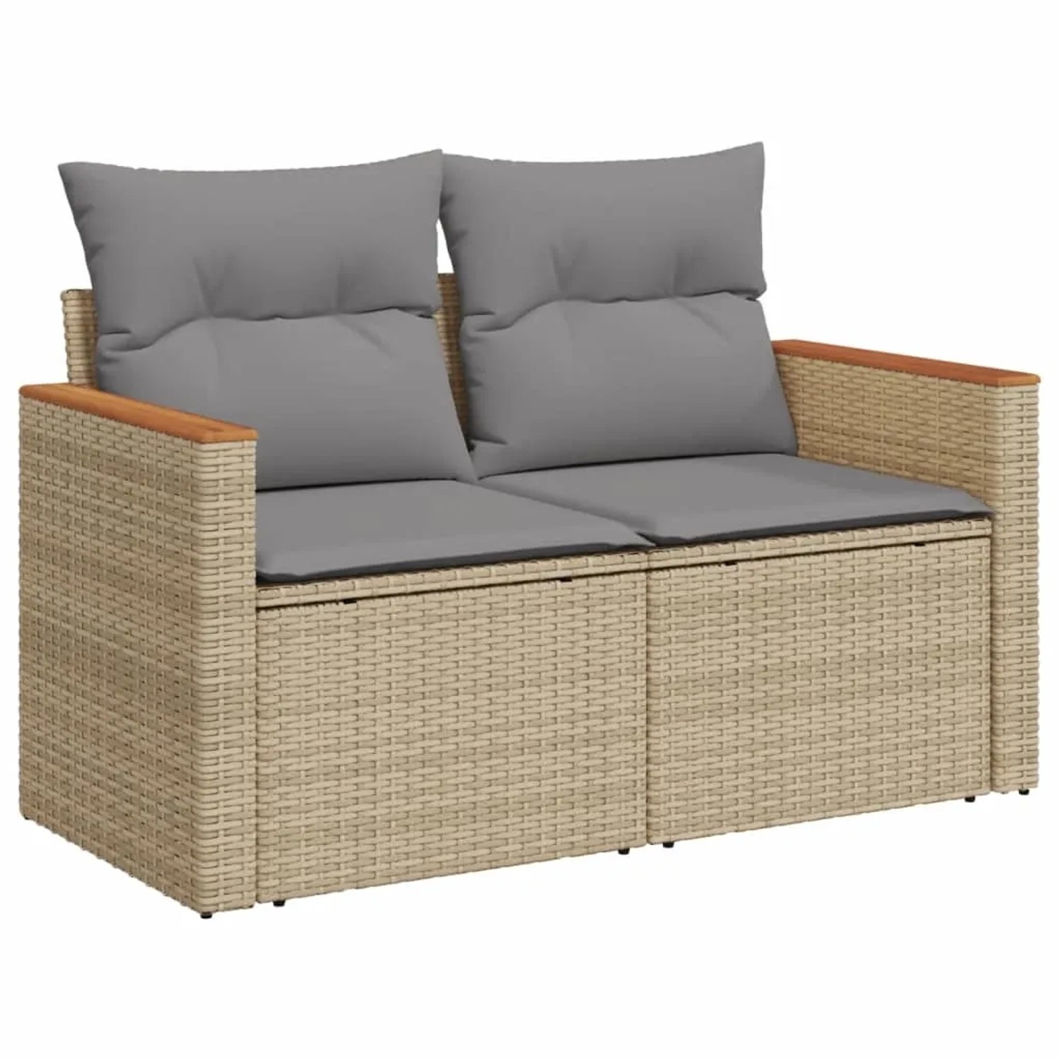 Beige 7-tlg. Garten-Sofagarnitur aus Polyrattan mit grauen Kissen.