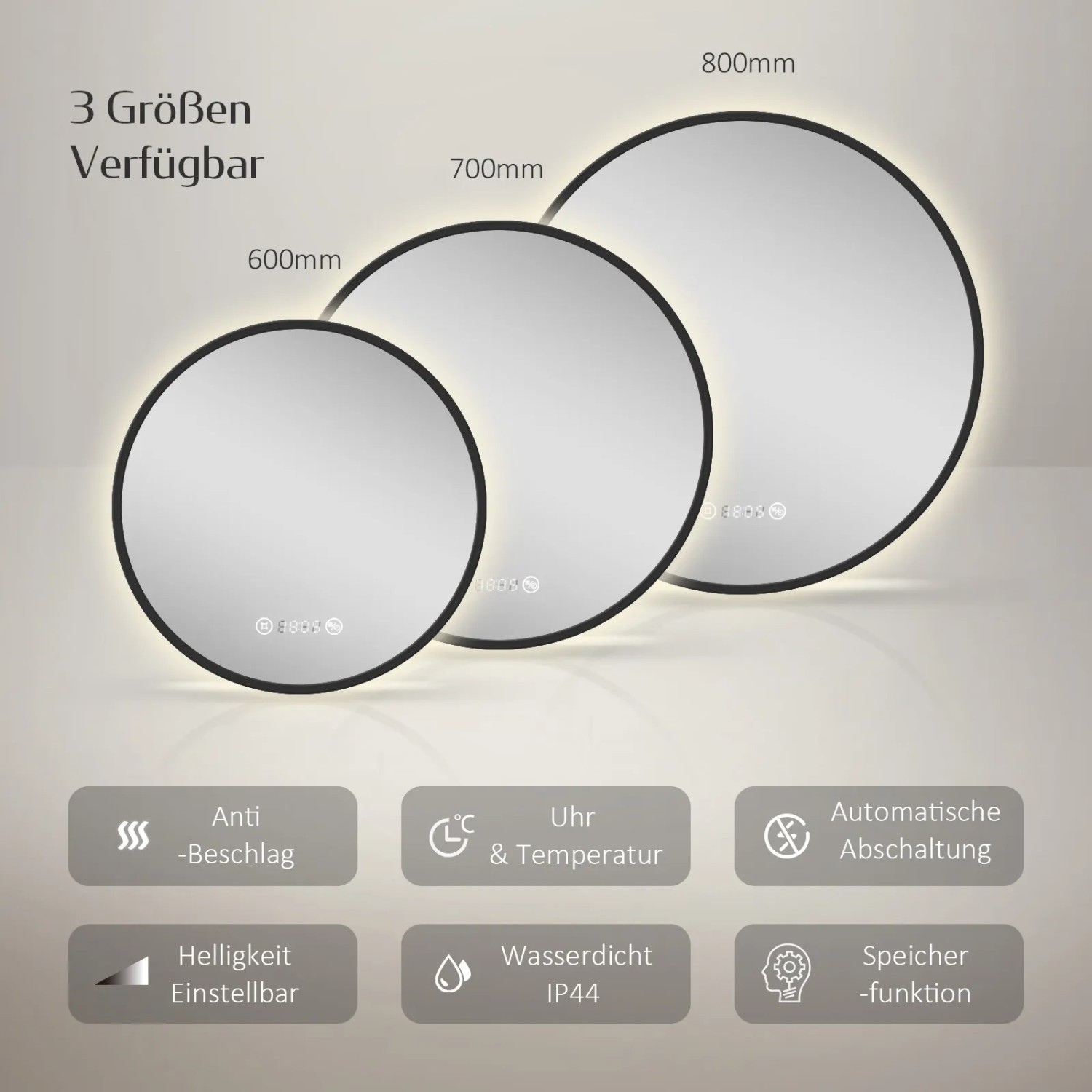 Emke LED Badspiegel, rund, schwarz, in drei Größen (60, 70, 80 cm) mit Beleuchtung.