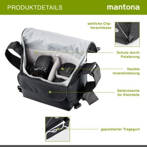 Mantona Mondstein Kameratasche, schwarz, offen mit Kamera & Zubehör. Flexible, gepolsterte Inneneinteilung für sichere Ordnung.