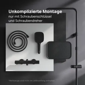 Schwarzes AM.PM Duschsystem Play: Thermostat, Handbrause, Schlauch, Duschstange. Einfache Montage des Brausesets.