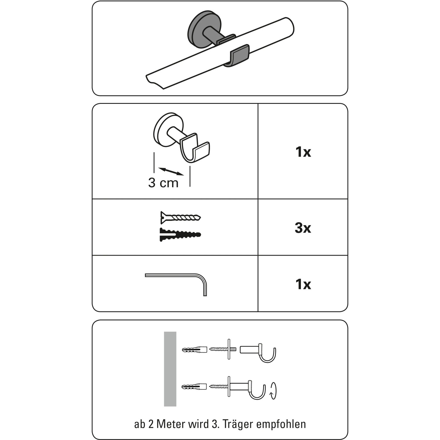 Gardinia Träger New York Edelstahl, 3 cm, für Caféhausstangen Ø 12 mm, Montagezubehör inklusive.