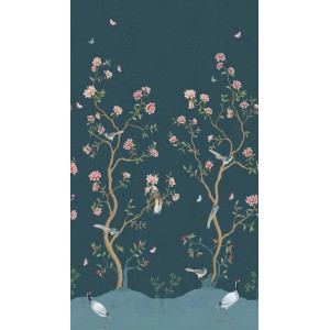 Fototapete Blumen und Vögel dunkelblau, florales Muster mit Kranichen und Blütenzweigen.