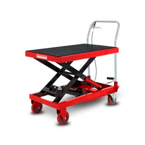 EBERTH hydraulischer Hubtisch mit 300 kg Traglast, rot, mit Antirutschmatte und Rädern.