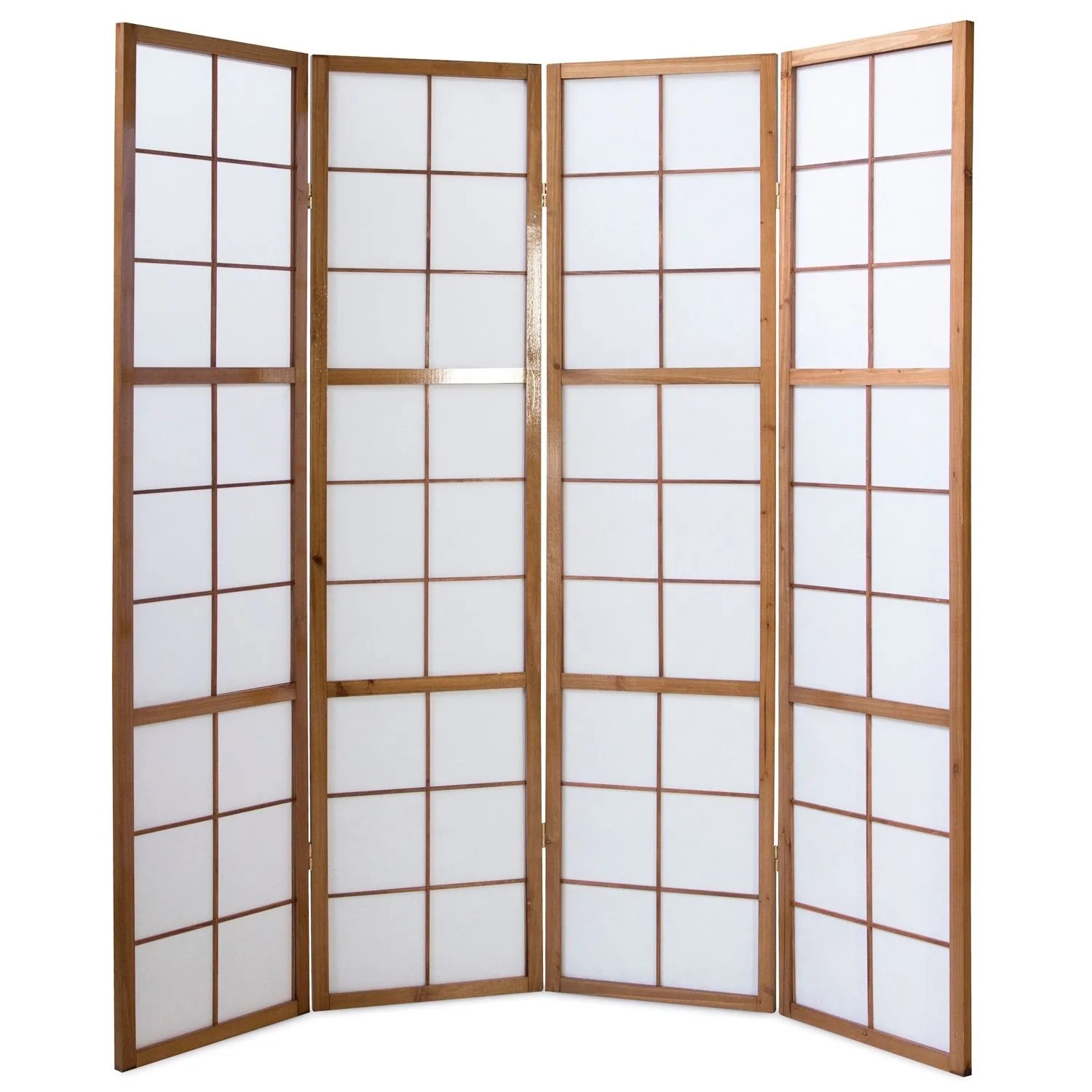 Brauner 4-teiliger Homestyle4u Paravent Shoji mit weißen Reispapierfeldern und Holzgitter, 176x175 cm.