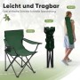 Sunula Campingstuhl, grün, faltbar mit Tasche: Gezeigt in 3 Schritten - aufgebaut, gefaltet, transportbereit.