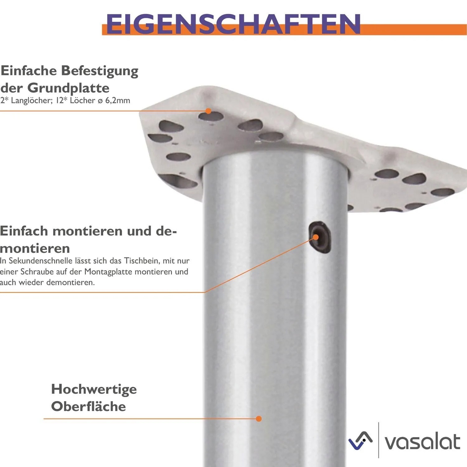 Detailaufnahme: Höhenverstellbares, rundes Tischbein-Set in Edelstahl-Optik mit Montageplatte.