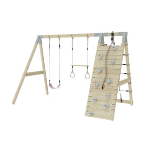 PolarPlay Klettergerüst Waschbär altrosa mit Schaukel, Kletterwand und Turnringen.