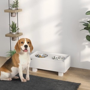 Weißer, höhenverstellbarer PawHut Hundenapf aus MDF und Stahl mit zwei Edelstahlnäpfen.