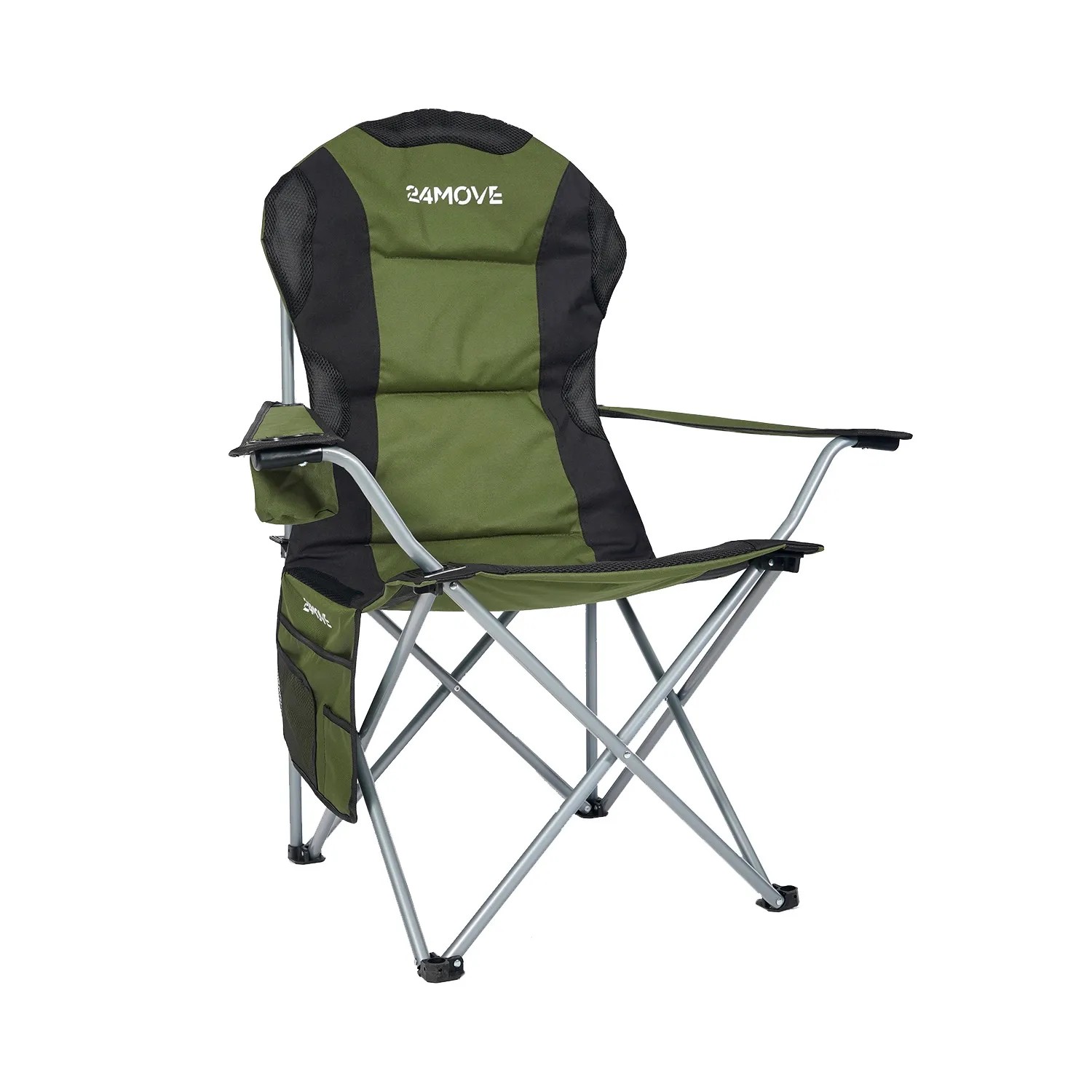 Faltbarer, grüner 24MOVE Campingstuhl mit Tragetasche, belastbar bis 150kg.