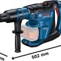 Bosch Professional Akku-Bohrhammer GBH 18V-40C mit Akkus und L-Boxx, seitliche Ansicht mit Maßangaben.