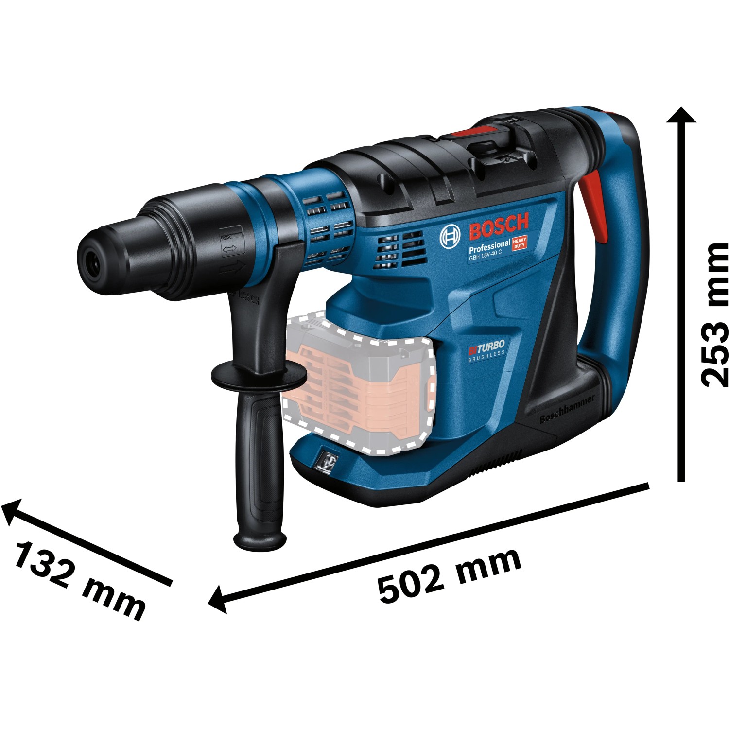 Bosch Professional Akku-Bohrhammer GBH 18V-40C mit Akkus und L-Boxx, seitliche Ansicht mit Maßangaben.