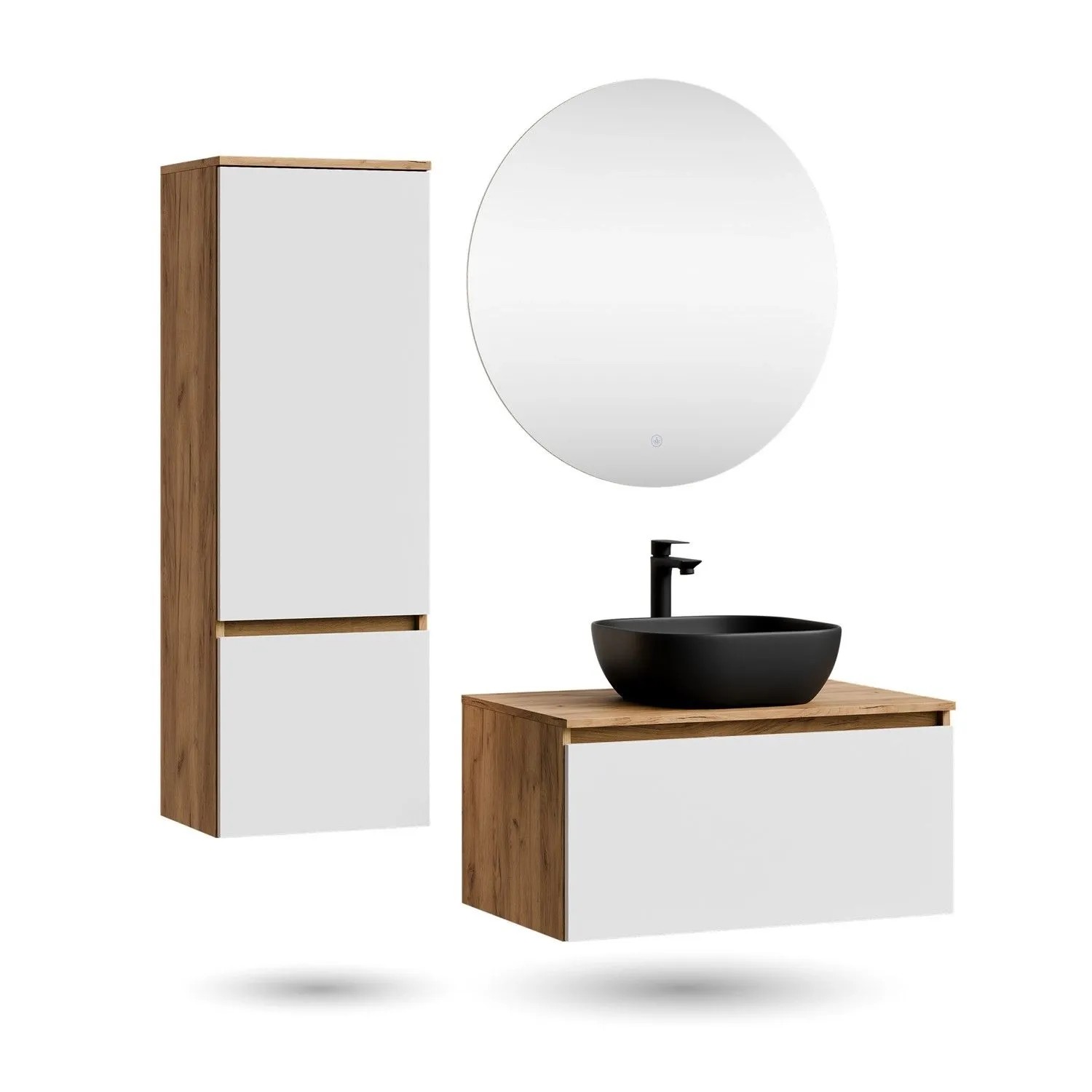 Planetmöbel ARISA Badmöbel Set 80 cm Weiß mit Hochschrank NOVA LED Spiegel und Schwarzem Keramik Aufsatzwaschbecken 42 cm Soft Close