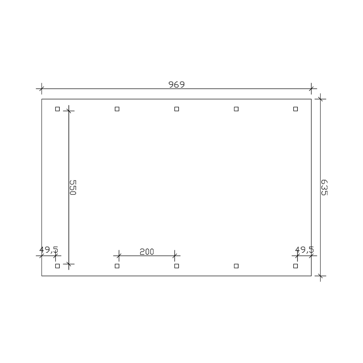 Skizze des Skan Holz Bogendach-Carports Franken (635x969cm) mit Maßangaben.