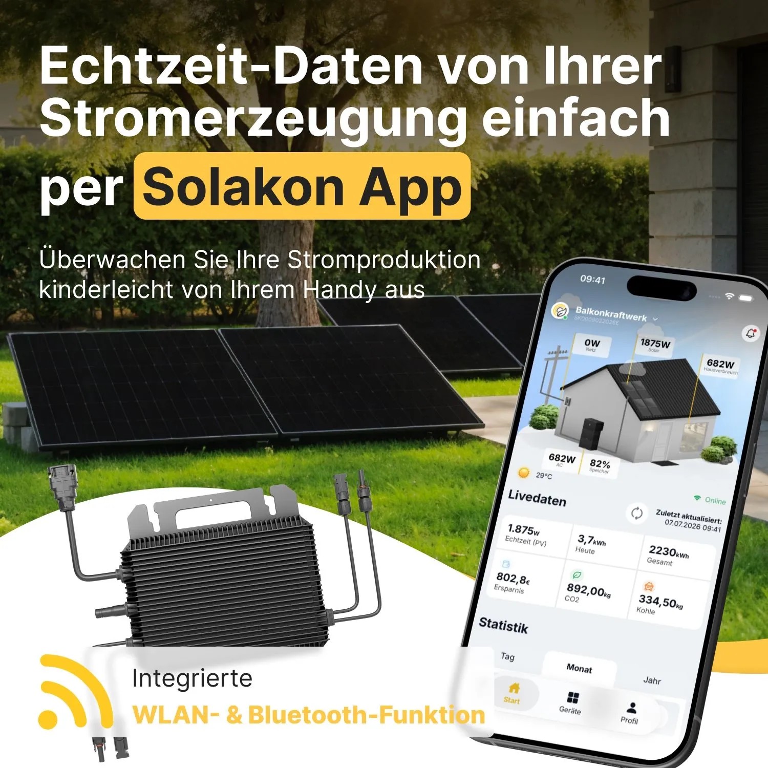 Solakon Balkonkraftwerk: Solarmodule, Wechselrichter und App zur Echtzeit-Überwachung der Photovoltaik-Stromerzeugung.
