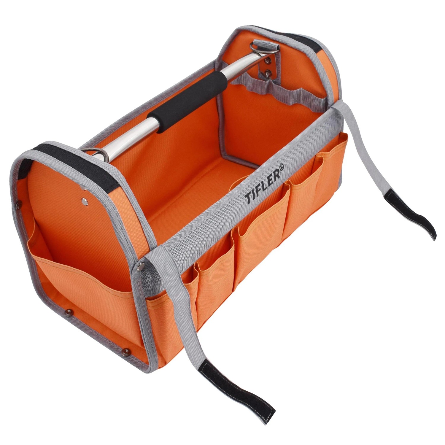 Orangefarbene Tifler Werkzeugtrage (40 cm) mit Schultergurt und vielen Fächern.