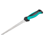 wolfcraft Handstichsäge für Gipskarton mit türkis-schwarzem 2-K-Griff und spitzer Klinge für präzise Schnitte.