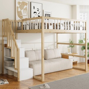 Massivholz Hochbett 140x200cm mit weißer Treppe, integriertem Stauraum und Sofa. Ideal für Kinderzimmer.