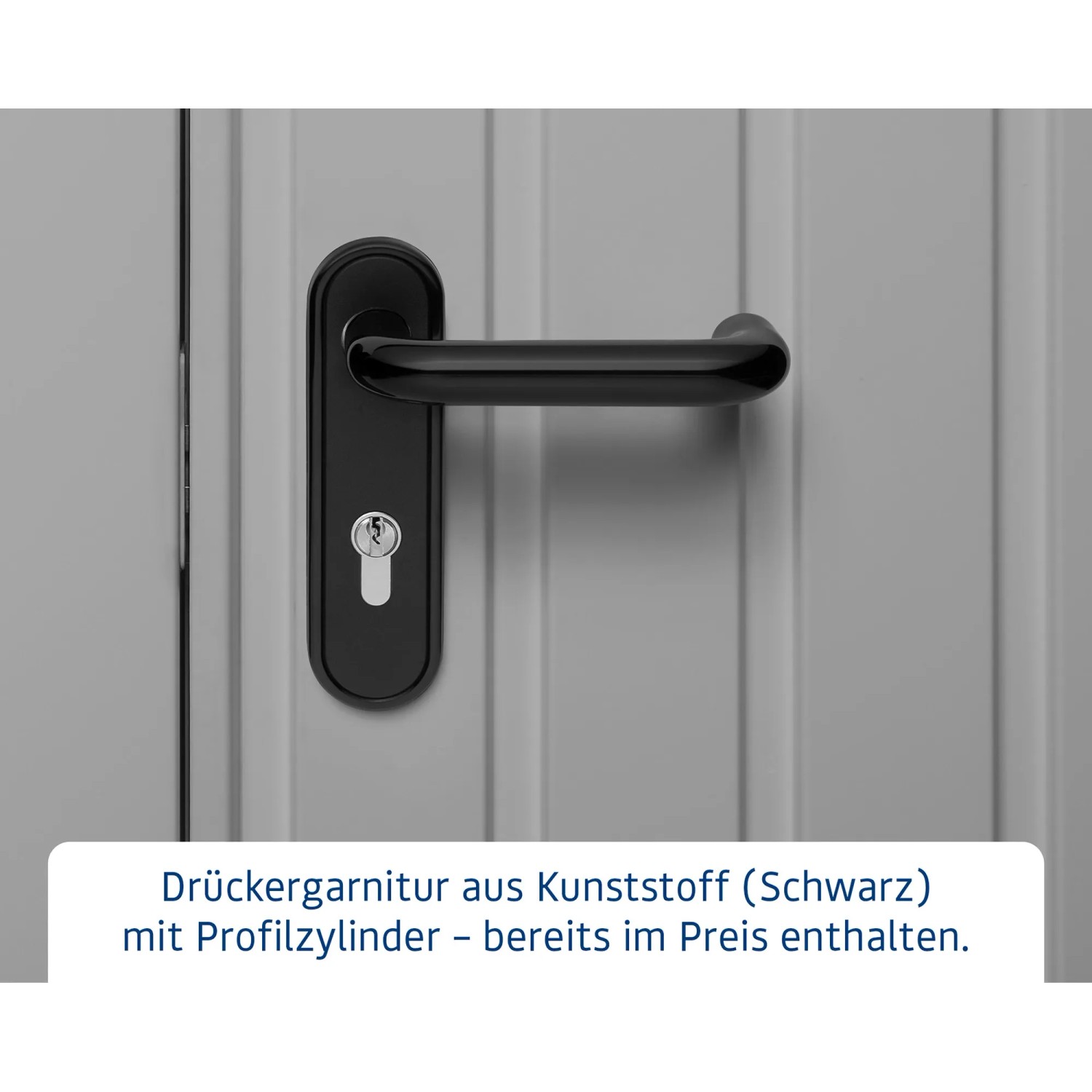 Schwarze Drückergarnitur aus Kunststoff mit Profilzylinder am graualuminium Gerätehaus Euroline von Hörmann.