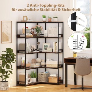 Costway L-förmiges Eckregal mit 5 rustikalen Holz-Etagen und schwarzem Metallrahmen, ideal für Bücher und Deko.