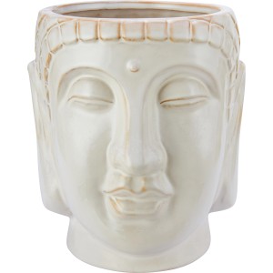 Cremeweißer, glasierter Keramik-Übertopf in Form eines Buddha-Kopfes (18,5x18x20cm).
