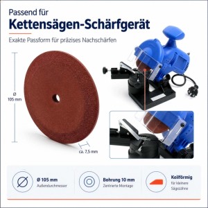Rötlich-braune, keilförmige Keramik-Schleifscheibe, 105mm Durchmesser, Ersatzteil für Sägeblatt Schärfgerät.
