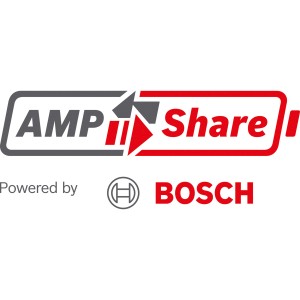 AMPShare Logo, Powered by Bosch. Akku-Allianz für Elektrowerkzeuge.