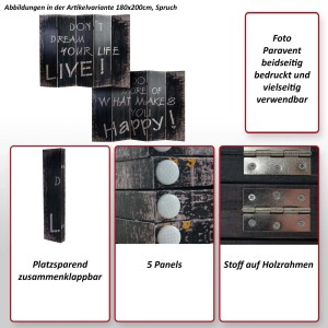 MCW Foto-Paravent mit Spruch, 5-teilig, 180x200cm. Dekorativer Raumteiler für Wohnaccessoires.