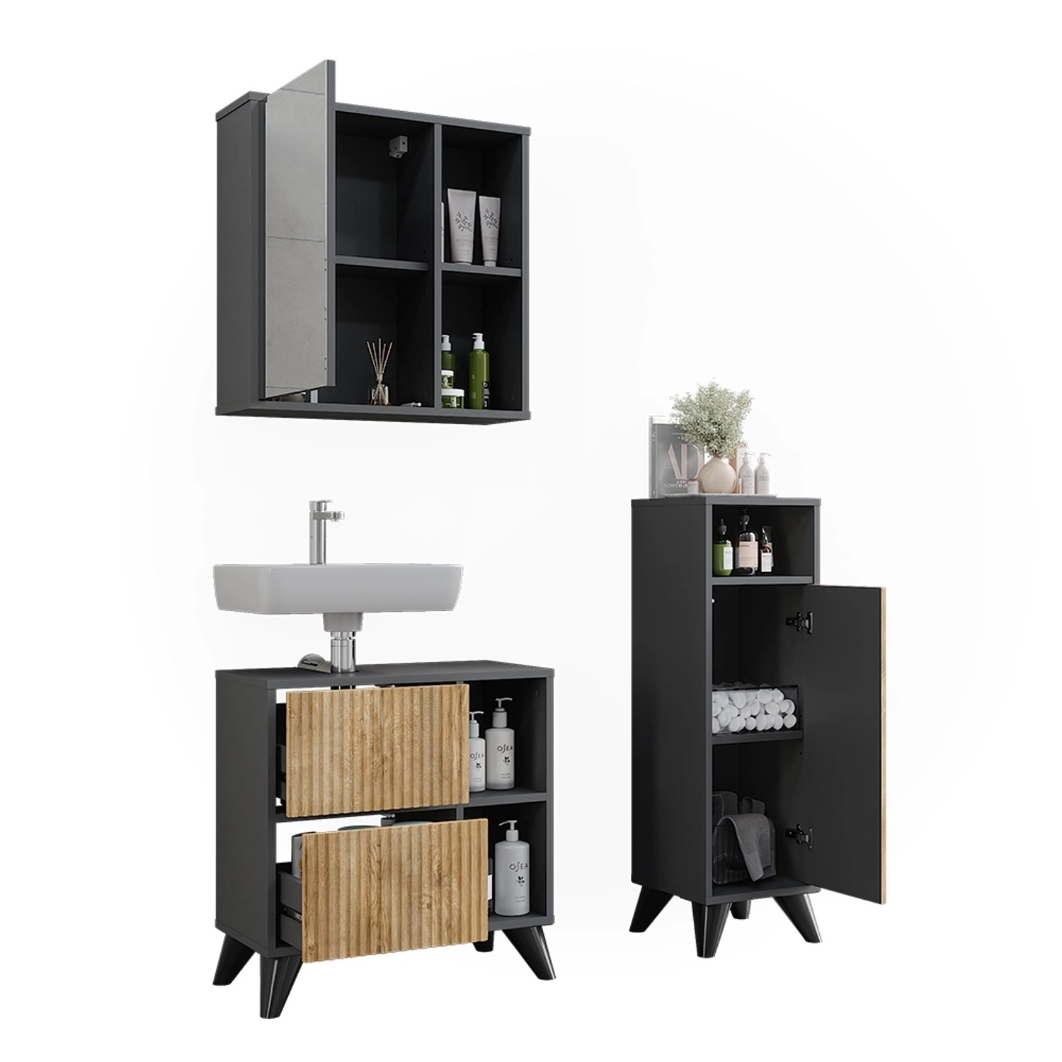 Vicco Badmöbel-Set Leano, 3-teilig, Anthrazit/Bergeiche: Spiegelschrank, Waschbeckenunterschrank, Midischrank.