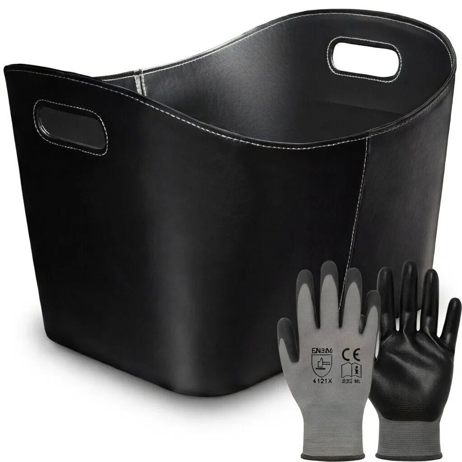 BLACK OAK Holzkorb DAKOTA XL 80L mit Handschuhen – Kaminholzkorb aus Kunstleder Extra Groß & Robust für Innenbereich Elegant Schwarz