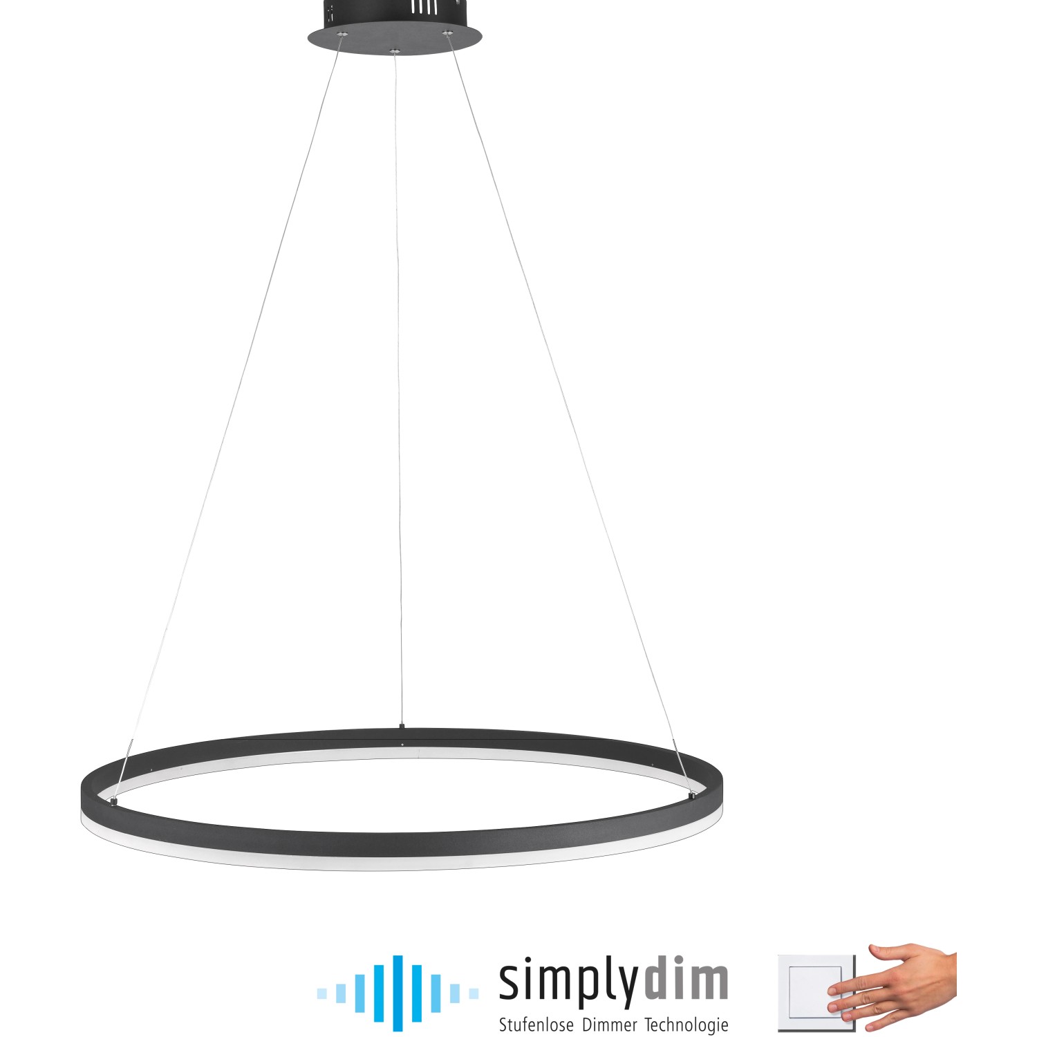 Anthrazitfarbene LED-Pendelleuchte Titus, Ø 80 cm, stufenlos dimmbar.