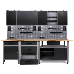 Ondis24 Werkbank Set „Tüftler“ mit drei Schränken, Lochwand und Buchenholzplatte (240 cm).