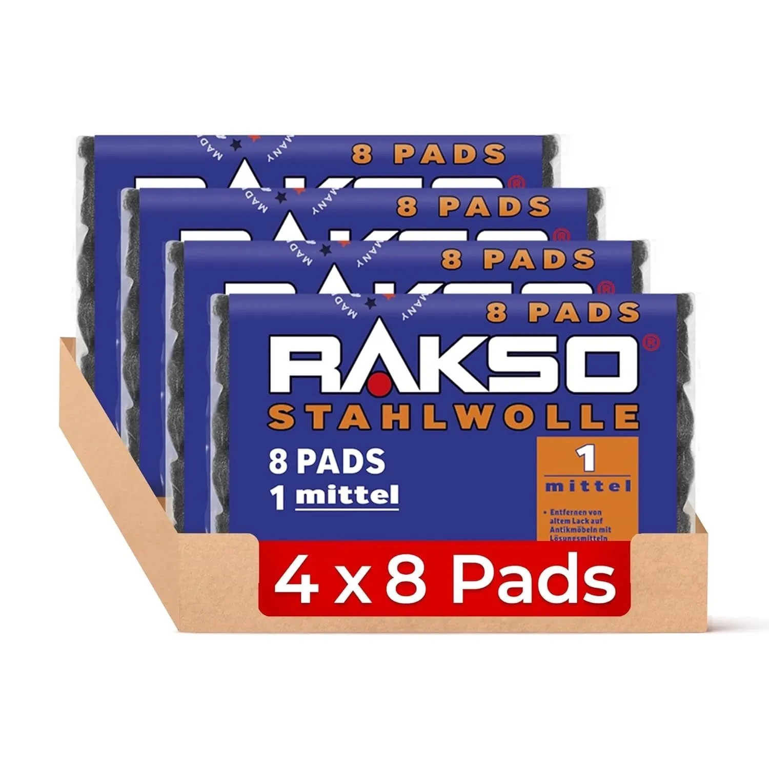 RAKSO Stahlwolle Pads Sorte 1 Mittel 4 x 8 Stück