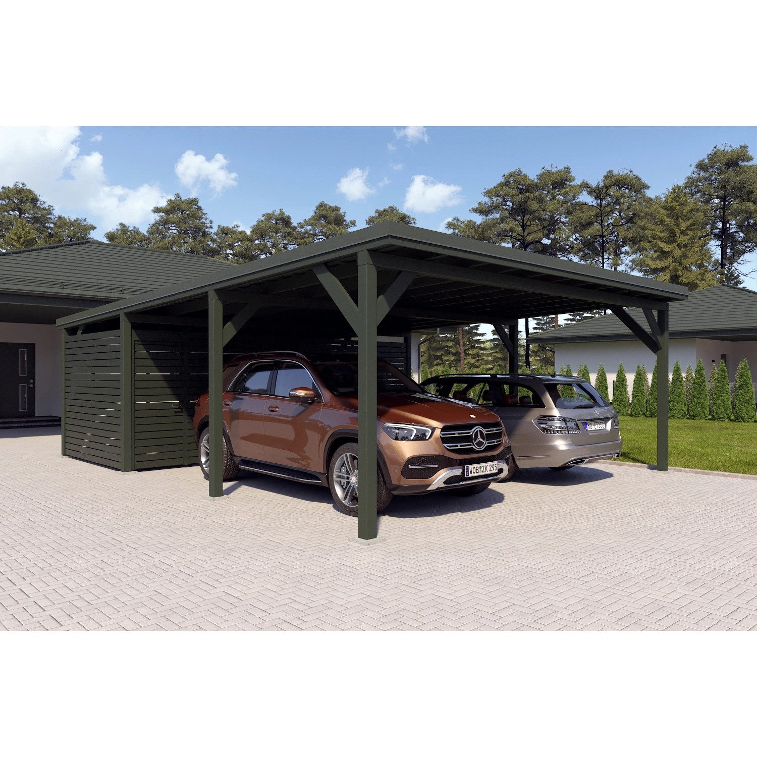 Holzbrüder Carport Ralf 52m² mit Geräteraum Grün-Dornengrün günstig online kaufen