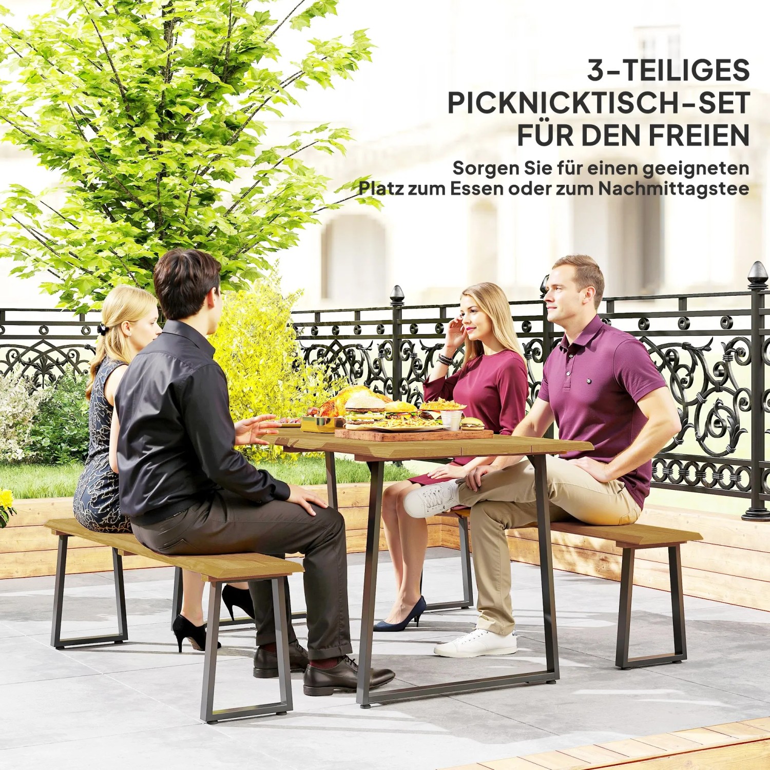 Outsunny 3-teiliges Picknicktisch-Set aus Naturholz und Stahl mit Bänken für 6 Personen auf Terrasse.